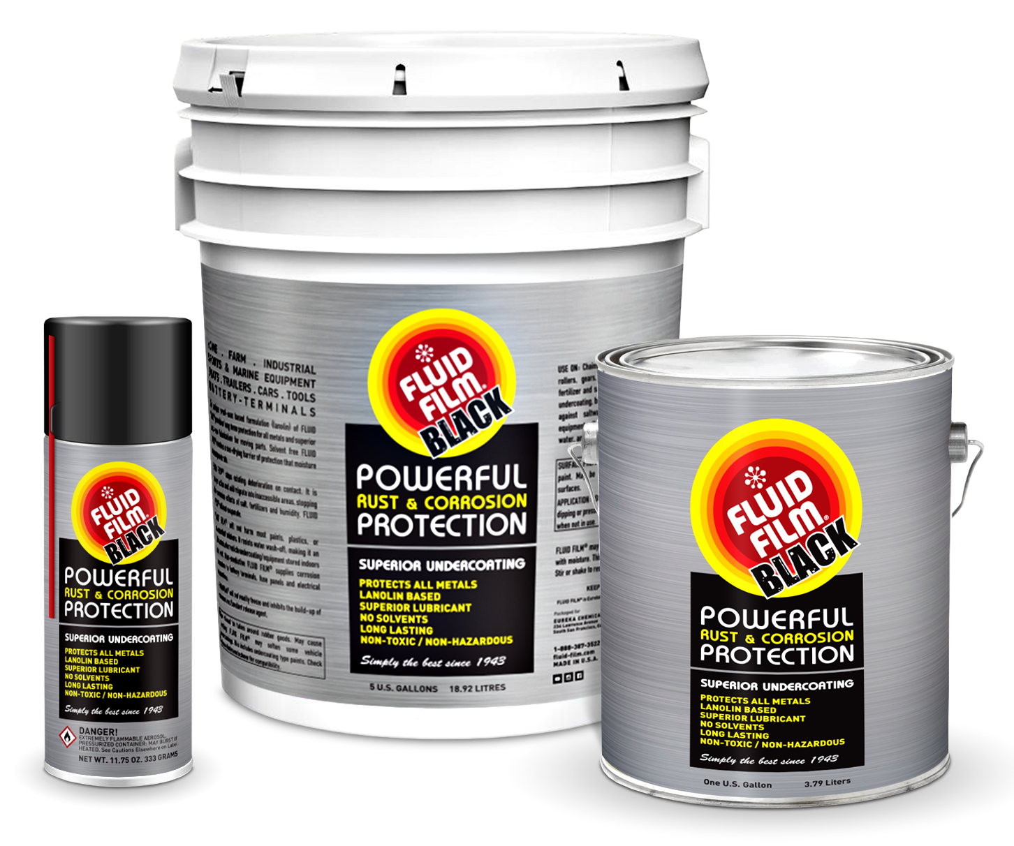 Fluid Film Black 11.75 oz Pack of 6 Rust Converter Spray with Rust Remover,  Prevention, and Inhibitor Properties for Metal Protection and Undercoating.  Includes Gloves, Nozzle & Bundle.
